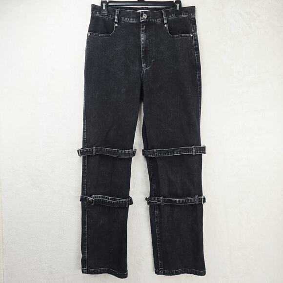 MODITEC Jeans Mens 30x29 Black Denim Buckle Strap Legs Goth Whimsigoth Rave Emo - Picture 2 of 16